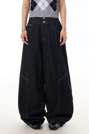 Retro Wide-Leg Black Jeans for Women with Reverse Deconstruction Design - Casual Straight-Leg Pants in Y2K Style