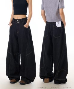 Retro Wide-Leg Black Jeans for Women with Reverse Deconstruction Design - Casual Straight-Leg Pants in Y2K Style