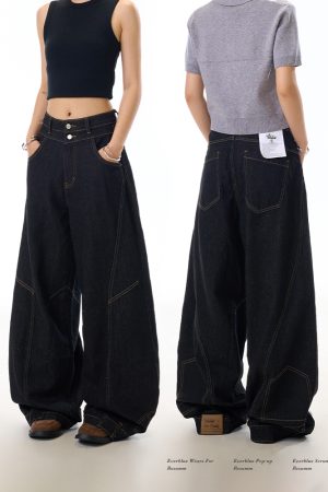 Retro Wide-Leg Black Jeans for Women with Reverse Deconstruction Design - Casual Straight-Leg Pants in Y2K Style