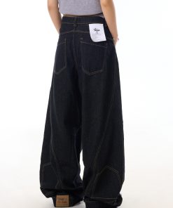 Retro Wide-Leg Black Jeans for Women with Reverse Deconstruction Design - Casual Straight-Leg Pants in Y2K Style