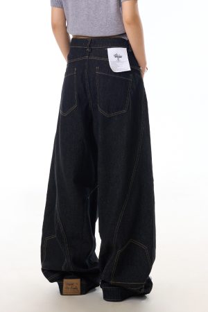 Retro Wide-Leg Black Jeans for Women with Reverse Deconstruction Design - Casual Straight-Leg Pants in Y2K Style