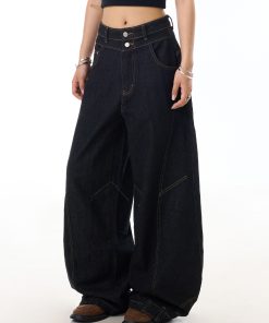 Retro Wide-Leg Black Jeans for Women with Reverse Deconstruction Design - Casual Straight-Leg Pants in Y2K Style