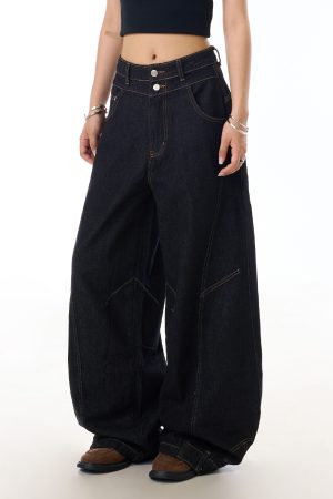 Retro Wide-Leg Black Jeans for Women with Reverse Deconstruction Design - Casual Straight-Leg Pants in Y2K Style