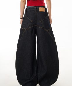 Retro Women's Wide-Leg Pants - Casual Loose Fit, Curved Knife Design, Washed Finish, Draped Slim-Fit Style