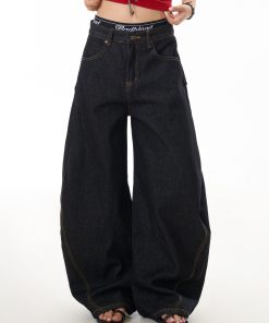 Retro Women's Wide-Leg Pants - Casual Loose Fit, Curved Knife Design, Washed Finish, Draped Slim-Fit Style