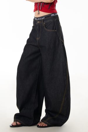 Retro Women's Wide-Leg Pants - Casual Loose Fit, Curved Knife Design, Washed Finish, Draped Slim-Fit Style