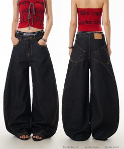 Retro Women's Wide-Leg Pants - Casual Loose Fit, Curved Knife Design, Washed Finish, Draped Slim-Fit Style