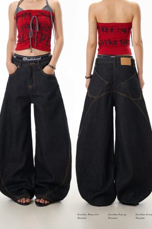 Retro Women's Wide-Leg Pants - Casual Loose Fit, Curved Knife Design, Washed Finish, Draped Slim-Fit Style