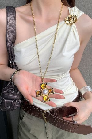 Retro Y2K Spicy Girl Style Long Layered Pendant Necklace for Women, Beaded Clavicle Chain, Subculture Jewelry