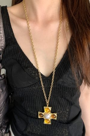 Retro Y2K Spicy Girl Style Long Layered Pendant Necklace for Women, Beaded Clavicle Chain, Subculture Jewelry