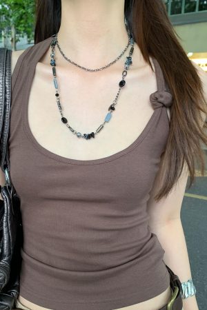 Retro Y2K Spicy Girl Style Long Layered Pendant Necklace for Women, Beaded Clavicle Chain, Subculture Jewelry