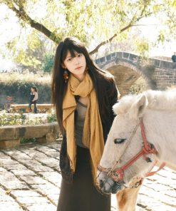 Retro Yellow Cotton Linen Scarf - Thin Neck Guard Shawl with Korean Style for Vacation and Fashionable Temperament