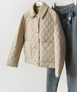 Reversible Diamond-Patterned Collar Cotton Jacket with Wool Collar - High-Density Windproof Fabric, Fine-Seamed Design
