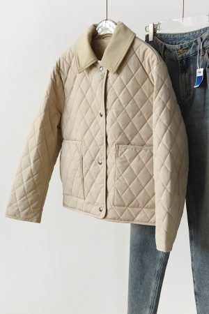 Reversible Diamond-Patterned Collar Cotton Jacket with Wool Collar - High-Density Windproof Fabric, Fine-Seamed Design
