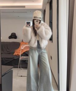 Reversible Hooded Cardigan Coat with Ultra-Faux Fox Fur Collar, All-Fur Lined, Pumpkin Color, Korean Style Fashion Outerwear