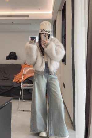 Reversible Hooded Cardigan Coat with Ultra-Faux Fox Fur Collar, All-Fur Lined, Pumpkin Color, Korean Style Fashion Outerwear