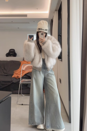 Reversible Hooded Cardigan Coat with Ultra-Faux Fox Fur Collar, All-Fur Lined, Pumpkin Color, Korean Style Fashion Outerwear