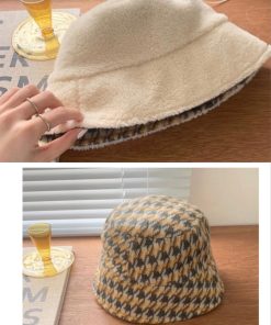 Reversible Milk White Checkered Fisherman's Bucket Hat - Korean Style Winter Accessory for Starry Nights