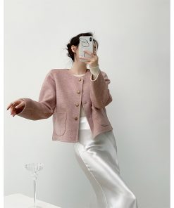 Reversible Wool Double-Faced Short Coat for Women - Purple Pink Milk White, Winter Round Neck, Age-Reducing Style