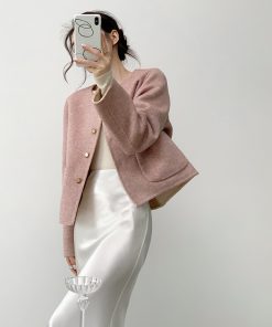 Reversible Wool Double-Faced Short Coat for Women - Purple Pink Milk White, Winter Round Neck, Age-Reducing Style