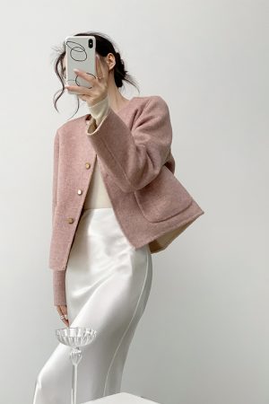 Reversible Wool Double-Faced Short Coat for Women - Purple Pink Milk White, Winter Round Neck, Age-Reducing Style