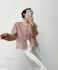 Reversible Wool Double-Faced Short Coat for Women - Purple Pink Milk White, Winter Round Neck, Age-Reducing Style