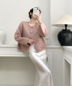 Reversible Wool Double-Faced Short Coat for Women - Purple Pink Milk White, Winter Round Neck, Age-Reducing Style