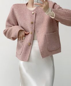 Reversible Wool Double-Faced Short Coat for Women - Purple Pink Milk White, Winter Round Neck, Age-Reducing Style