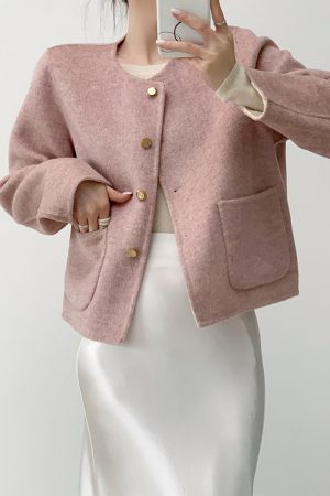 Reversible Wool Double-Faced Short Coat for Women - Purple Pink Milk White, Winter Round Neck, Age-Reducing Style
