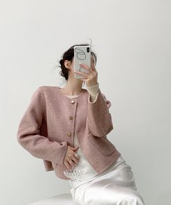 Reversible Wool Double-Faced Short Coat for Women - Purple Pink Milk White, Winter Round Neck, Age-Reducing Style