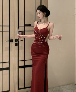 Rhinestone Deep V-Neck Long Evening Gown Dress for Women - Sexy Nightclub & Banquet Wear