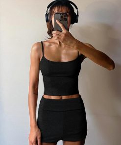 Ribbed Knit Camisole and Shorts Set - Casual Solid Color Loungewear Two-Piece Outfit for Everyday Comfort