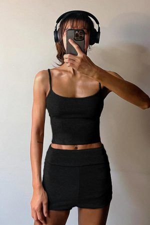 Ribbed Knit Camisole and Shorts Set - Casual Solid Color Loungewear Two-Piece Outfit for Everyday Comfort