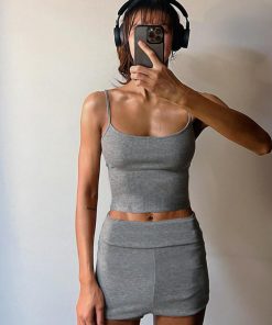 Ribbed Knit Camisole and Shorts Set - Casual Solid Color Loungewear Two-Piece Outfit for Everyday Comfort