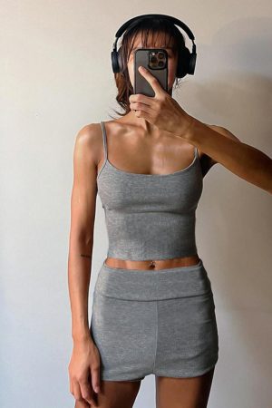 Ribbed Knit Camisole and Shorts Set - Casual Solid Color Loungewear Two-Piece Outfit for Everyday Comfort