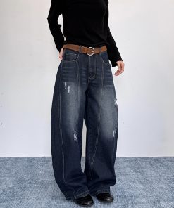 Ripped Embroidered Curved Knife Pants for Women - Relaxed Wide-Leg Trousers, American Retro Floor-Length, Niche Trendy Fashion