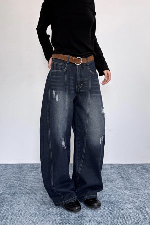 Ripped Embroidered Curved Knife Pants for Women - Relaxed Wide-Leg Trousers, American Retro Floor-Length, Niche Trendy Fashion