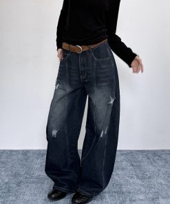 Ripped Embroidered Curved Knife Pants for Women - Relaxed Wide-Leg Trousers, American Retro Floor-Length, Niche Trendy Fashion