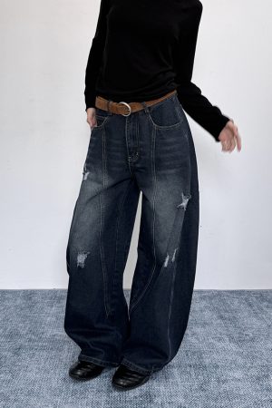 Ripped Embroidered Curved Knife Pants for Women - Relaxed Wide-Leg Trousers, American Retro Floor-Length, Niche Trendy Fashion
