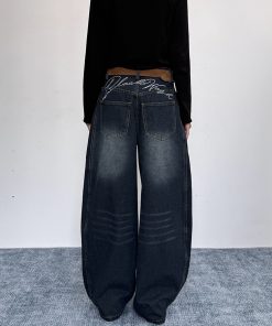 Ripped Embroidered Curved Knife Pants for Women - Relaxed Wide-Leg Trousers, American Retro Floor-Length, Niche Trendy Fashion