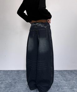 Ripped Embroidered Curved Knife Pants for Women - Relaxed Wide-Leg Trousers, American Retro Floor-Length, Niche Trendy Fashion