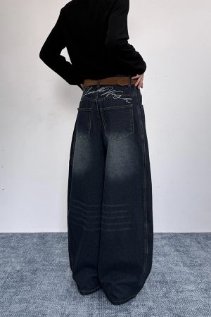 Ripped Embroidered Curved Knife Pants for Women - Relaxed Wide-Leg Trousers, American Retro Floor-Length, Niche Trendy Fashion
