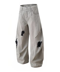 Ripped Wide-Leg Curved Knife Jeans - Sickle American Banana Pants for a Bold 90s Y2K Look