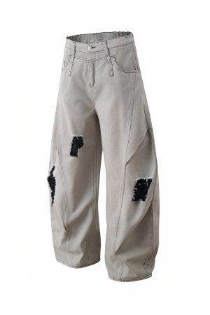 Ripped Wide-Leg Curved Knife Jeans - Sickle American Banana Pants for a Bold 90s Y2K Look