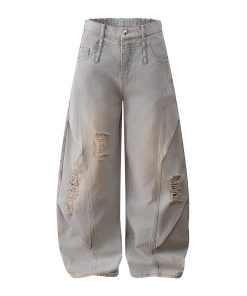 Ripped Wide-Leg Machete Pants with Curved Knife Silhouette - Stylish American Banana Design for Trendy Y2K and Streetwear Looks