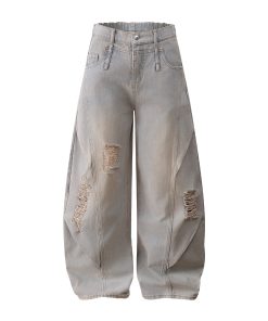 Ripped Wide-Leg Machete Pants with Curved Knife Silhouette - Stylish American Banana Design for Trendy Y2K and Streetwear Looks