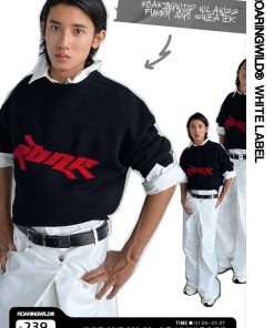 Roaring Beast Black Mixed Yarn Jacquard Logo Sweater - Cozy Knit, Trendy Streetwear, Y2K Fashion