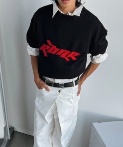 Roaring Beast Black Mixed Yarn Jacquard Logo Sweater - Cozy Knit, Trendy Streetwear, Y2K Fashion