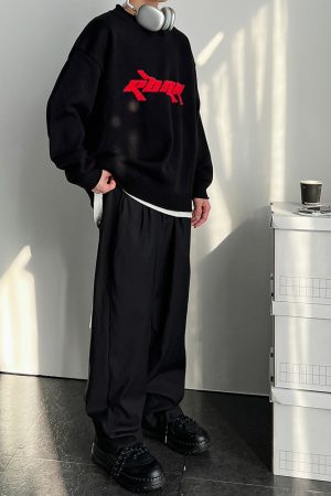 Roaring Beast Black Mixed Yarn Jacquard Logo Sweater - Cozy Knit, Trendy Streetwear, Y2K Fashion