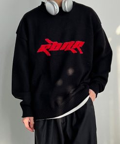 Roaring Beast Black Mixed Yarn Jacquard Logo Sweater - Cozy Knit, Trendy Streetwear, Y2K Fashion